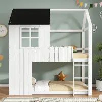 STILVORA Hochbett 90x200 cm mit Hausform und Fenstern, Kinderbett mit dreistufiger Treppe, Etagenbett mit Umzäunung an allen Seiten Weiß und Schwarz