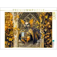 CALVENDO Puzzle Steampunk Fledermaus mit Uhr vor goldenem Gotikfenster | 1000 Teile Lege-Größe 64 × 48 cm Foto-Puzzle für glückliche Stunden