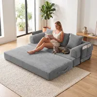 LVHOM Klappbares Schlafsofa aus Cordstoff, Modulares Tagesbett mit Metallgestell, Klappsofa Bodensofa mit Stauraum, 300kg Belastbarkeit, Hellgrau