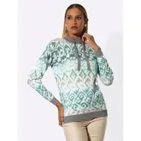 Création L Stehkragenpullover "Druck-Pullover", Damen, Gr. 42, grün (ecru, grau, bedruckt), 72% Viskose, 28% Polyamid, bedruckt, gemustert, mehrfarbig, Pullover Stehkragenpullover