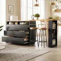 Flieks Ausziehbarer Bartisch mit Stauraum und sechs Schubladen, Esszimmertisch, Teleskopischer Bartisch 137-215×39×102.3cm, Schwarz