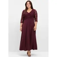 Sheego Abendkleid "Abendkleid", Damen, Gr. 48, Normalgrößen, rot (burgund), 95% Polyester, 5% Elasthan, Spitze:100% Polyamid, unifarben, lang, V-Ausschnitt, Kleider Abendkleid