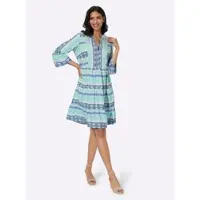 Sieh an! Jerseykleid SIEH AN "Kleid Stufenkleid mit Volant am Ärmelabschluss", Damen, Gr. 42, N-Gr, bunt (hellblau, jeansblau, bedruckt), Modisch, V-Ausschnitt, Kleider Jerseykleid