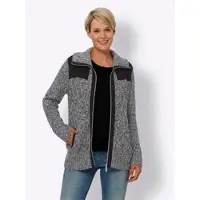 Sieh an! Strickjacke SIEH AN "Strickjacke Strickjacke mit kontrastfarbigen Einsätzen", Damen, Gr. 48, grau (schwarz, ecru, meliert), Sportlich, Strickjacken Strickjacke