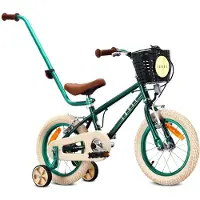 Sun baby Kinderfahrrad 14 Zoll für Jungen 3 4 5 Jahre 7,49 kg Schiebestange Stützräder Korb Klingel V-Bremse Aufkleber LOVEL grün