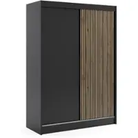 ALTDECOR Kleiderschrank mit Lamel-Schiebetüren, kugelgelagerte Führungsschienen und Aluminium-Leisten, LED-Beleuchtung und Fernbedienung - VILO - 150 cm - Schwarz/Lamelle Eiche Wotan