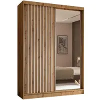 ALTDECOR Kleiderschrank mit Spiegel und Schiebetüren, kugelgelagerte Führungsschienen und Aluminium-Leisten - LAMELO - 150 cm - Artisan/Artisan/Weiß