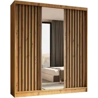 ALTDECOR Kleiderschrank mit Spiegel und Schiebetüren, kugelgelagerte Führungsschienen und Aluminium-Leisten - LAMELO - 180 cm - Artisan/Artisan/Schwarz