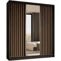 ALTDECOR Kleiderschrank mit Spiegel und Schiebetüren, kugelgelagerte Führungsschienen und Aluminium-Leisten - LAMELO - 180 cm - Schwarz/Schwarz/Artisan