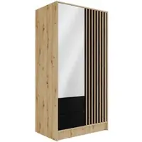 ALTDECOR Kleiderschrank mit Spiegel und selbstschließenden, Lamellentüren, Lamellen, Flügeltüren - NELIA - 100 cm Artisan / Schwarz / Artisan