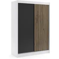 ALTDECOR Kleiderschrank mit Lamel-Schiebetüren, kugelgelagerte Führungsschienen und Aluminium-Leisten, LED-Beleuchtung und Fernbedienung - VILO - 150 cm - Weiß/Lamelle Eiche Wotan