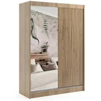 ALTDECOR Kleiderschrank mit Spiegel und Lamel-Schiebetüren, kugelgelagerte Führungsschienen und Aluminium-Leisten - VILO - 120 cm - Sonoma Eiche/Sonoma Eiche/Lamelle Eiche Wotan