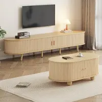 MODFU Zweiteiliger Schrank，Sideboard Beistellschrank，ovale Tischplatte,TV-Schrank und Couchtisch，mit unsichtbaren vertikalen Griffen， Aufbewahrungsschrank，Holzfarbe