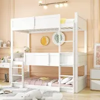 OEM Kinderbett 90x200 cm - für 3 Kinder - massiver Holzbettgestell - hoher Sicherheitsrand - weiß