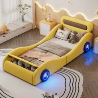 OEM Kinderauto-Bett 90x200cm, einzelbetten, gestoffert, PU, gelb, ohne Matratze, mit Lichtern