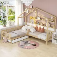 OEM Kinderbett aus massivem Holz mit Schubladen und Brettern, Hecke und Lattenrost, 90x200 cm + 140x70 cm.