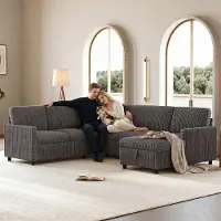 Merax 5 Sitzer U Form Schlafsofa Mit Schlaffunktion, Ausziehbares Ecksofa Mit Stauraum, Wohnlandschaft Mit Chaiselongue, Cord Soffa, Couch, Grau