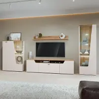 Lomadox Wohnwand in Beige & Eiche mit Highboard, Wandboard, Lowboard & Vitrine, 4-teilig - CARMONA-129