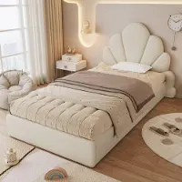 OEM Einzelbett mit weichem Bettgestell, Kopfteil mit gebogenen Blütenblättern, einfach, stilvoll und bequem, modernes Bettgestell, Samt, Beige, 90x200cm