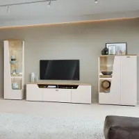 Lomadox Wohnwand in Beige & Eiche mit Vitrine, Lowboard & Highboard, 3-teilig - CARMONA-129
