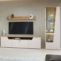 Lomadox Wohnwand in Beige & Eiche mit Wandboard, Lowboard & Vitrine, 3-teilig - CARMONA-129
