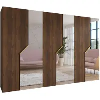 MEBLE KRYSPOL Schrank 300x202x52 cm mit Kleiderstange & Spiegel, 6xTür, ANDREW, Warmia-Nuss, Griff Gold