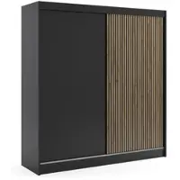ALTDECOR Kleiderschrank mit Lamel-Schiebetüren, kugelgelagerte Führungsschienen und Aluminium-Leisten - VILO - 200 cm - Schwarz/Lamelle Eiche Wotan