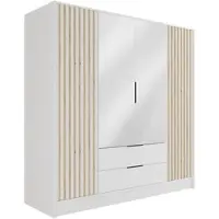 ALTDECOR Kleiderschrank mit Spiegel und selbstschließenden, Lamellentüren, Lamellen, Flügeltüren - NELIA - 200 cm Weiß / Artisan
