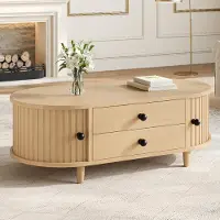 Merax Couchtisch rund mit Rolltüren, Sofatisch Wohnzimmertisch mit 2 Schubladen, Beistelltisch aus MDF mit Holzoptik bis 50kg, Natur