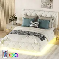 OEM 140x200 Zweierschlafzimmer, bequeme, beigefarbene, gestofferte Betten mit Lichtleisten