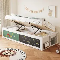 OEM Kinderhouten Bett, 90 × 200 cm, mit hydraulischer Verstellung, Schreibblatt und mit weichem Oberbett. Mit Bücherablage, links/rechts montierbar, weiß.