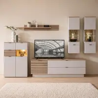 Lomadox Wohnwand in Beige mit Eiche, inkl. Beleuchtung, Highboard & 2 Lowboards & 2 Vitrinen & Wandboard, 6-teilig - ISCHIA-36