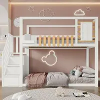 OEM Kinderstapelbett mit Sicherheitsgitter, weiß, 90x200 cm, massiver Nussbaumrahmen