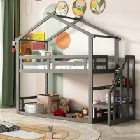 OEM Kinderbett 90*200cm, schmal stapelbett mit Sicherheitsgurt, Holzstapelbett mit Lattenrost, grau