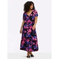 Sheego Sommerkleid BY JOE BROWNS "Jersey-Kleid Jerseykleid mit leuchtendem Blumenmuster", Damen, Gr. 48, N-Gr, bunt (schwarz, pink, gemustert), Elegant, V-Ausschnitt, Kleider Sommerkleid