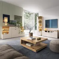 Lomadox Wohnzimmer-Set in Beige & Eiche mit Couchtisch, Sideboard, Vitrine & Lowboard, 4-teilig - CARMONA-129