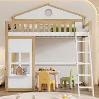 OEM Kinderbett mit Dach und Fenster, freistehendes Unterbett, grünes Rahmen, grünes + Fichte, weiß + natur, 90x200cm