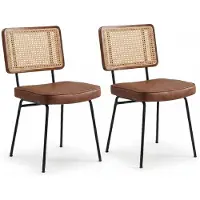 LVHOM 2er Set Esszimmerstuhl aus Polyurethan& Massivholz, Polsterstuhl mit Rattan-Optik, Küchenstuhl mit Metallbeinen, Braun