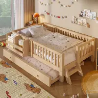 Flieks Kinderbett 90x200cm mit Ausziehbett 90x190cm, Kinder Hochbett mit Rausfallschutz und Leiter, Holzbett Tagesbett mit Ablagen, Naturbelassen