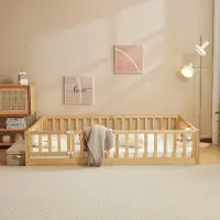 Alightup Kinderbett mit Rausfallschutz & Lattenrost, 90x190cm, Montessori Bodenbett mit seitlichem Ausstieg, Einzelbett für Jugendzimmer, Naturbelassen