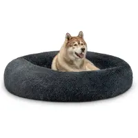 Lionto Donut Hundebett, rundes Hundesofa mit Plüschbezug & Anti-Rutsch-Noppen, weich & gemütlich, 120 cm Durchmesser, dunkelgrau
