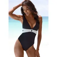 LASCANA Badeanzug "Chic", Damen, Gr. 34, Cup A/B, schwarz-weiß (schwarz, creme), Recycling-Polyamid, Strukturmuster, kontrastfarbene Details, Badeanzüge Badeanzug, aus eleganter Strukturware