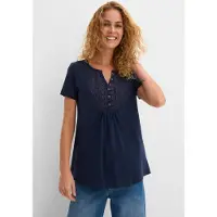 Bonprix T-Shirt , Damen, Gr. 52/54 (XXL), blau (dunkelblau), Obermaterial: 100% Baumwolle, Shirts T-Shirt, leicht ausgestellte Passform, Rundhals-Ausschnitt mit Zierknopfleiste