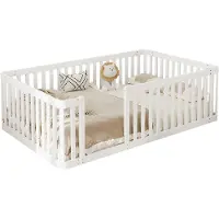 SOFTWEARY Kinderbett mit Zaun und Rausfallschutz, Babybett ohne Lattenrost, 90x200 cm, Holzbett, Einzelbett