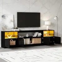 OKWISH Hochglanz TV-Schrank mit LED und Stauräume, Lowboard mit vier Scharniertüren, offener Stauraum,für Fernseher bis zu 75 Zoll,Schwarz
