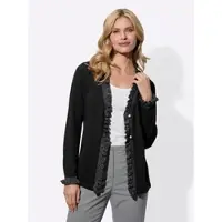 Sieh an! Strickjacke SIEH AN "Strickjacke Strickjacke mit Rüschen", Damen, Gr. 50, schwarz, Elegant, V-Ausschnitt, Strickjacken Strickjacke