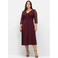 Sheego Cocktailkleid "Abendkleid Abendkleid mit Oberteil aus floraler Spitze", Damen, Gr. 50, N-Gr, rot (burgund), Elegant, V-Ausschnitt, Kleider Cocktailkleid, mit Oberteil aus floraler Spitze