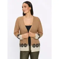 HEINE Cardigan "Strickjacke Cardigan", Damen, Gr. 50, beige (camel, schwarz, gemustert), Modisch, V-Ausschnitt, Strickjacken Cardigan
