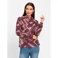 HEINE Langarmshirt "Druck-Shirt", Damen, Gr. 34, rot (bordeaux, sand, bedruckt), 95% Polyester, 5% Elasthan, bedruckt, gemustert, gestreift, Shirts Langarmshirt