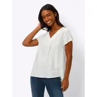 HEINE Kurzarmbluse , Damen, Gr. 50, beige (ecru), 55% Leinen, 45% Viskose, unifarben, V-Ausschnitt, Blusen Kurzarmbluse